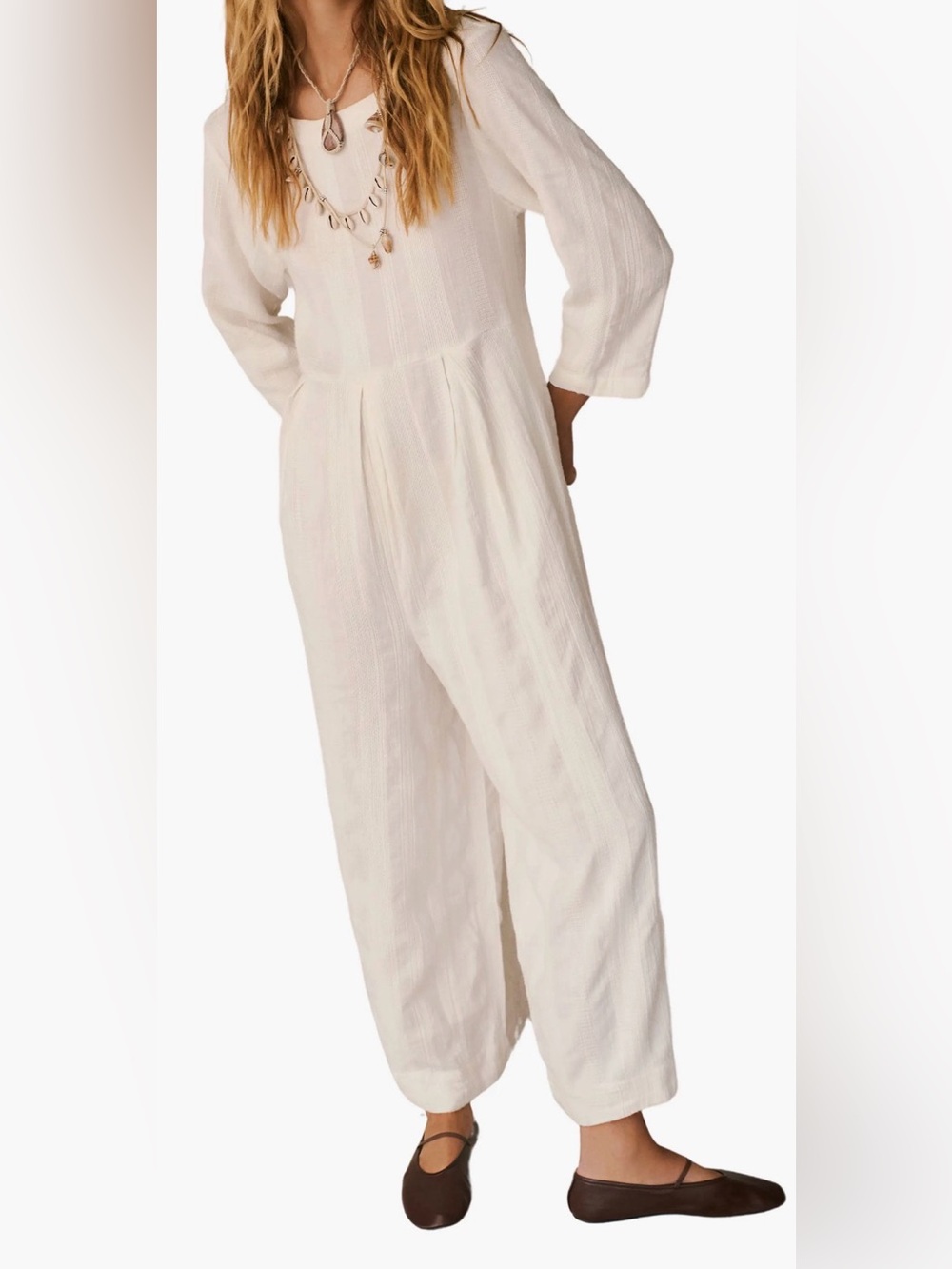 NWOT Free people wideleg relaxed cream Shiloh Cotton & Linen Jumpsuit.Size Large